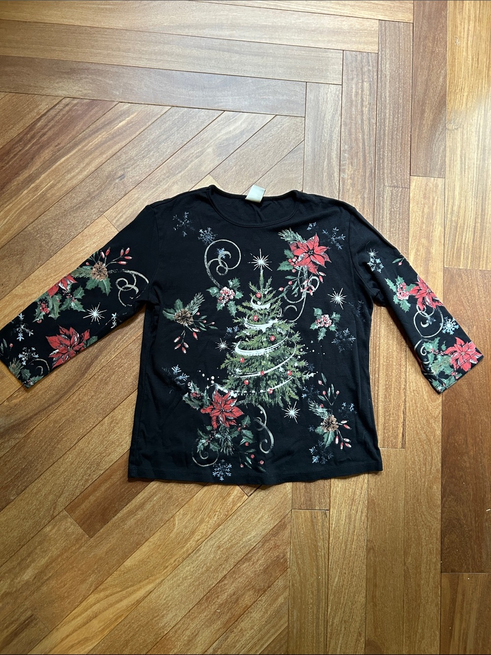 Women’s Black Holiday Tree & Poinsettia 3/4 Sleeve Top